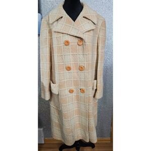 Vintage ILGWU Union Made Plaid Tweed Double Breasted Peacoat Orange‎ Green Cream